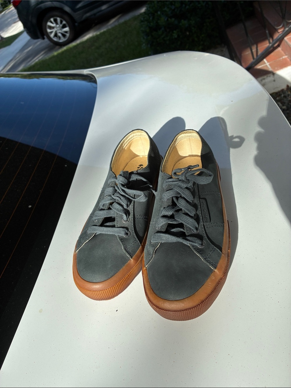 Superga Cotu Women’s Gray Petrol Leather Nubuck Sneakers with Brown Gum Sole New
